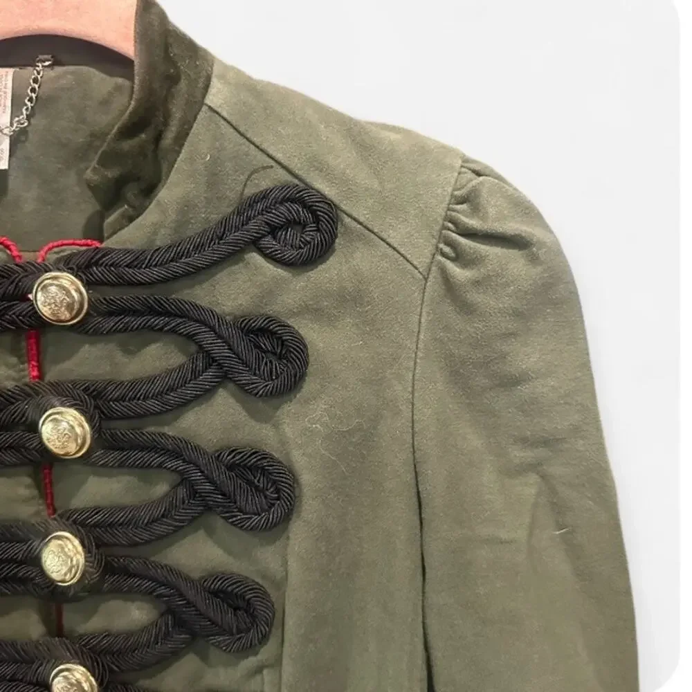Free People Army Green Military Jacket XS Braided Trim Victorian Cotton